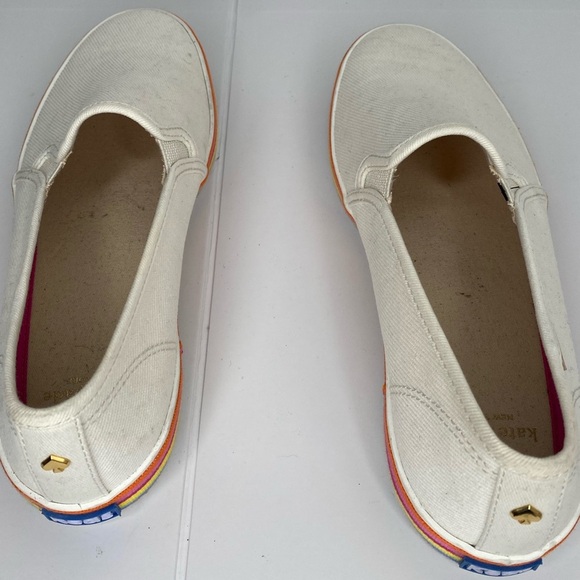 KATE Spade X Keds Double Decker Twill White Slip-On Sneakers with Rainbow Trim - Picture 4 of 13